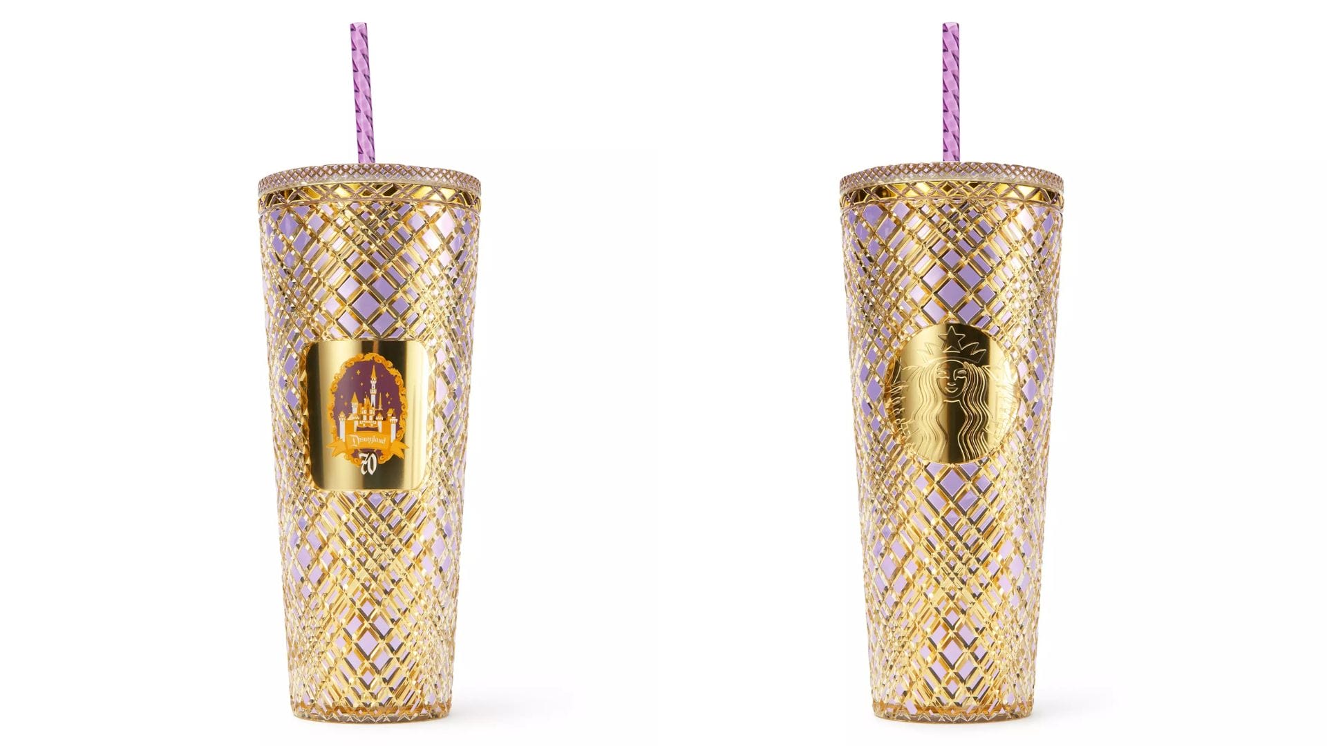 Two gold textured Starbucks Tumblers with purple straws, featuring Sleeping Beauty Castle for Disneyland’s 70th Anniversary.