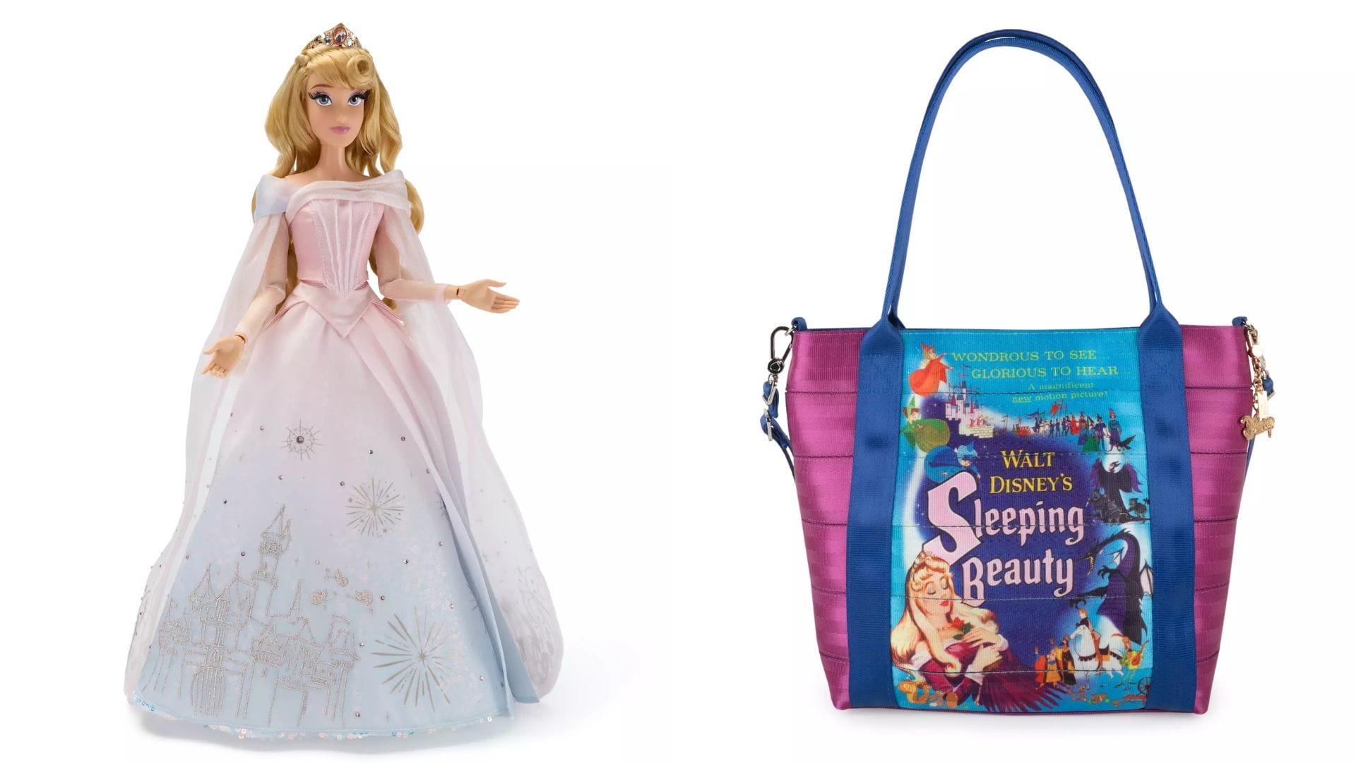 A Disneyland 70th Sleeping Beauty Doll in pink beside a Harveys Tote with a movie poster design.