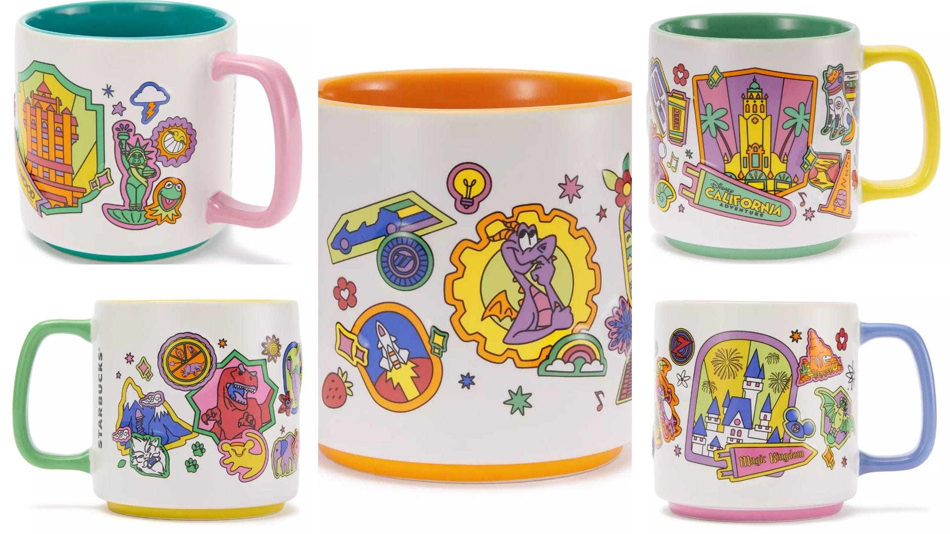 Five colorful Starbucks mugs feature cartoon-style theme park art inspired by Disney California Adventure.