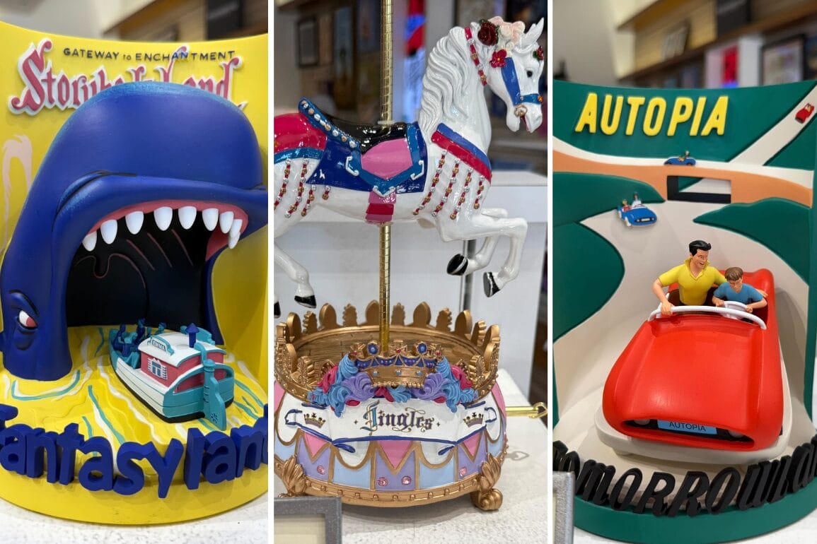 Three colorful 3-D models of classic Disneyland rides: Storybook Land, King Arthur Carrousel, and Autopia.