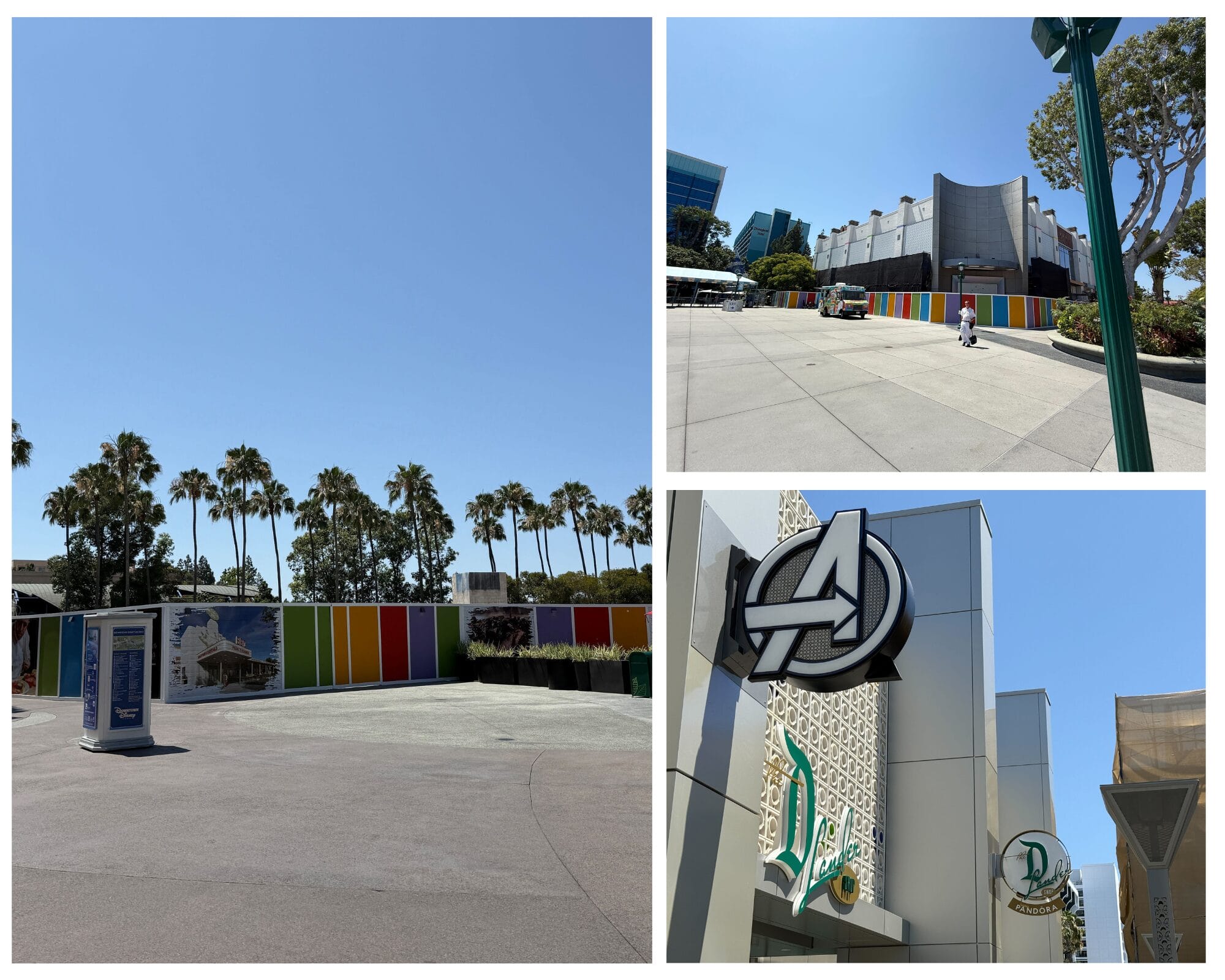 A Downtown Disney Update collage shows Avengers Campus construction walls, palm trees, and logos under a clear blue sky.