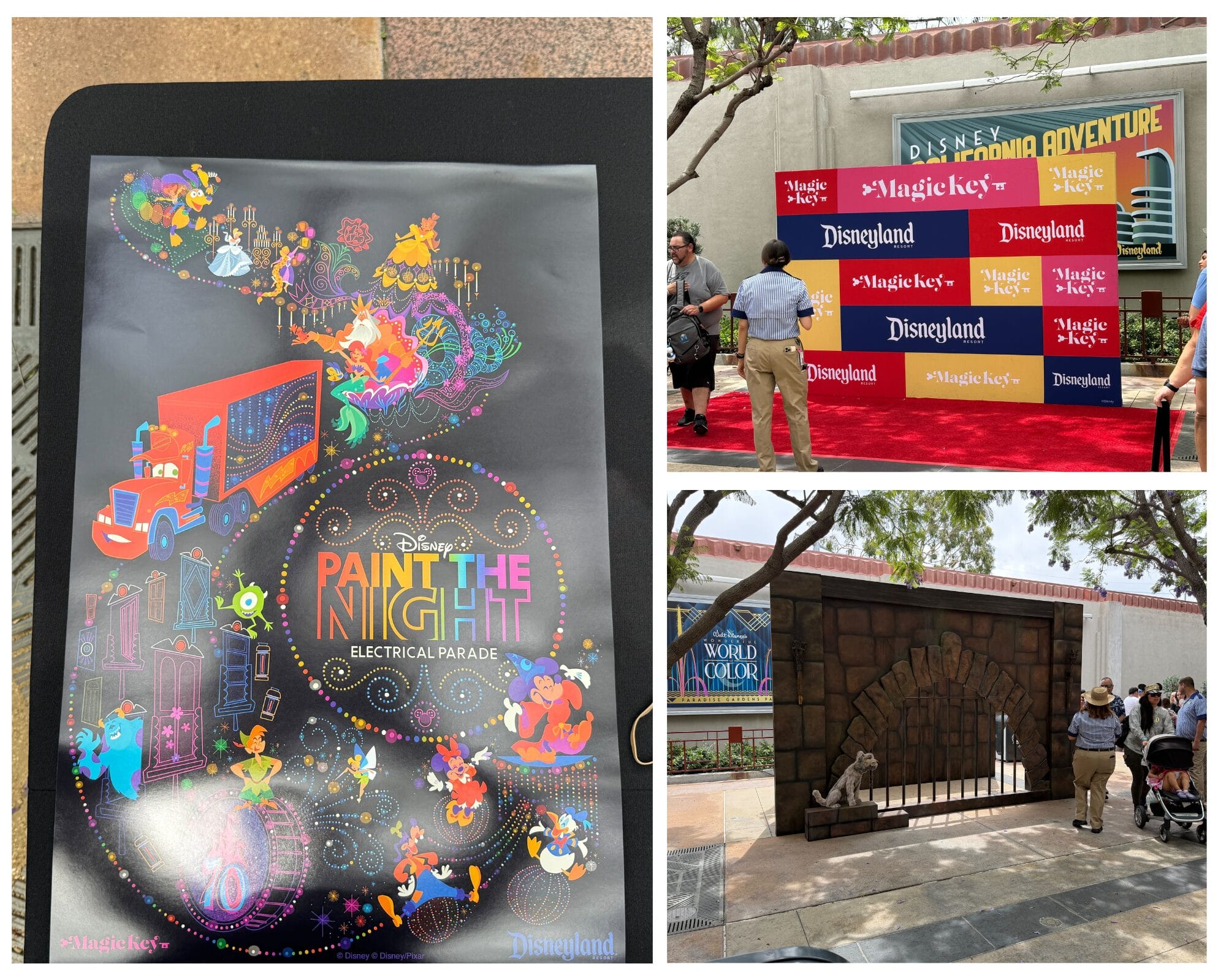 Collage of Disneyland scenes: Paint the Night Poster and Magic Key Holders at a 70th Anniversary Photo Ops backdrop.