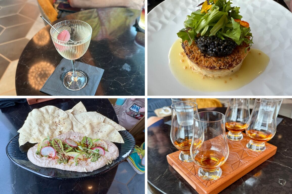 Four dishes: a geo-82 cocktail with garnish, gourmet salad, creamy dip with flatbread, and whiskey tasting flight.