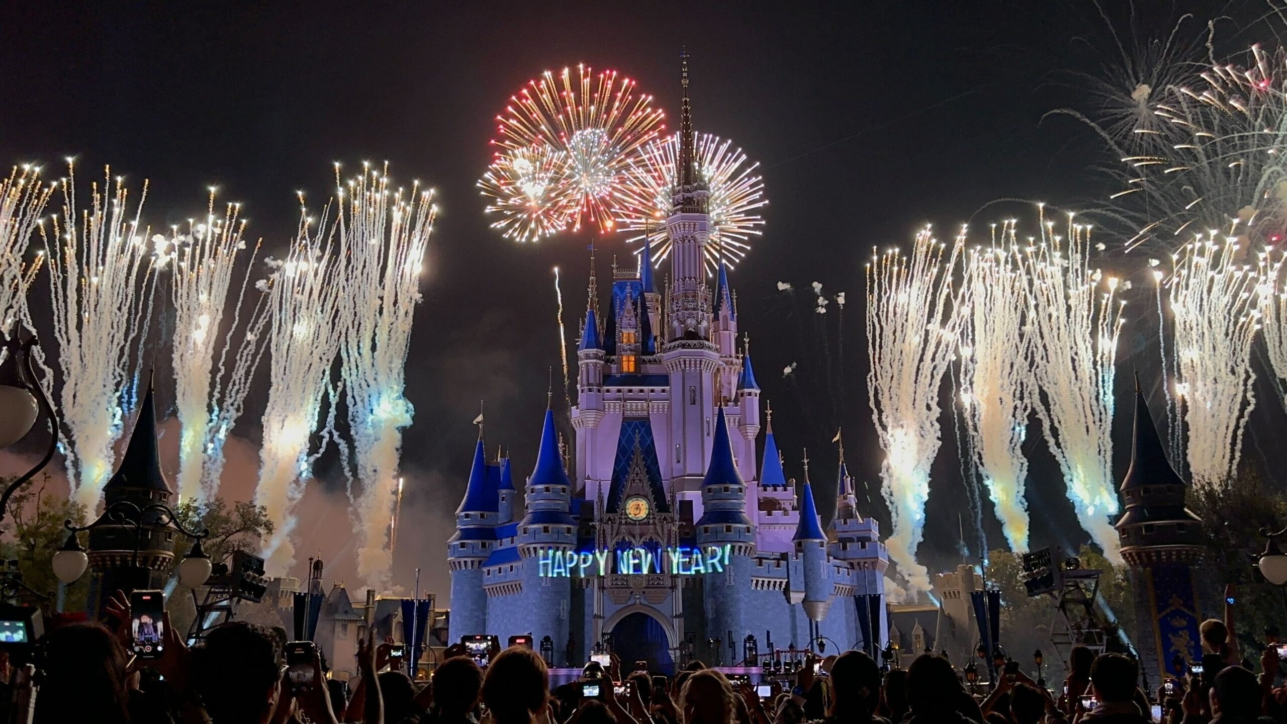 Fireworks burst above a brightly lit Disney World castle at night as crowds park hop and watch "Happy New Year!" light up the sky.