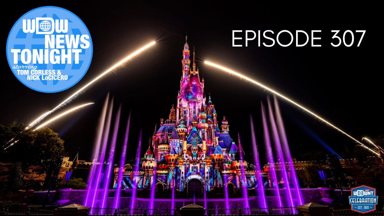 Colorful light show at a Disney castle with “Fan-ly Feud” and “WW News Tonight” logos displayed.