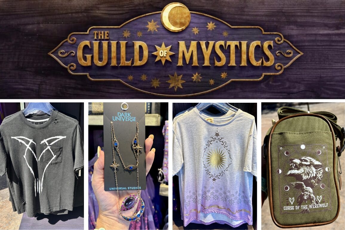 A sign reads “The Guild of Mystics”; beneath, mystical shirts and jewelry flank a "Curse of the Werewolf" bag.