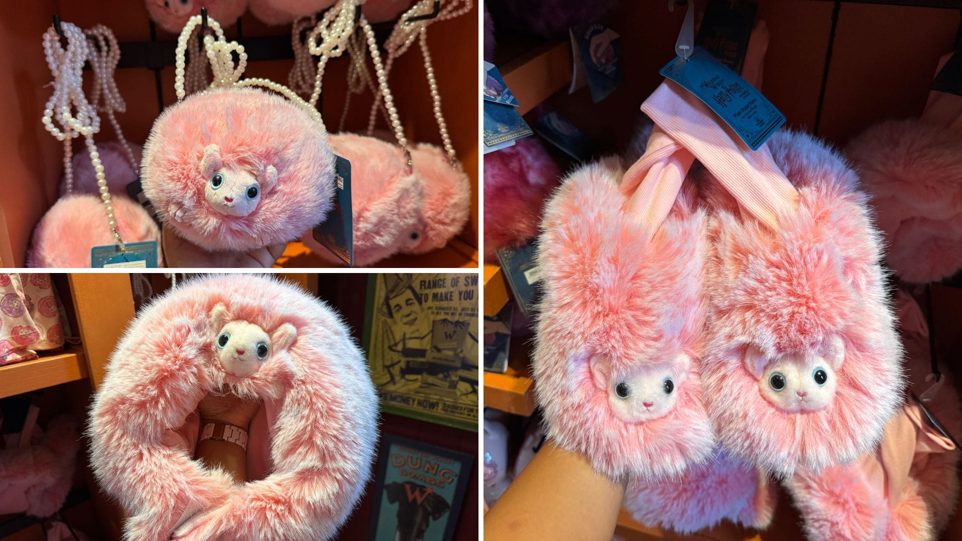 Pink fluffy Hedwig owl bags and slippers with cute faces, displayed on shelves in a store.