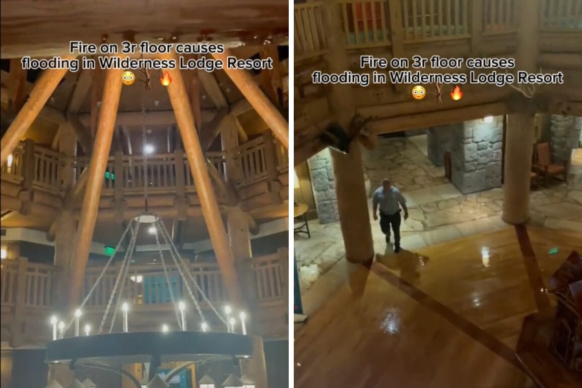 Wooden lodge interior at Boulder Ridge with chandeliers; 3rd floor fire causes flooding at Wilderness Lodge Resort.