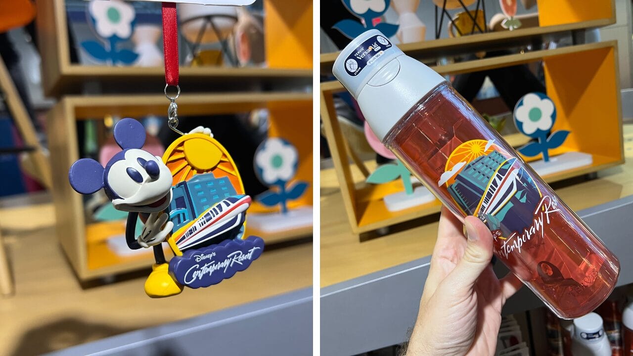 Mickey Mouse ornament and red water bottle from the Contemporary Resort Collection, both with a monorail design.