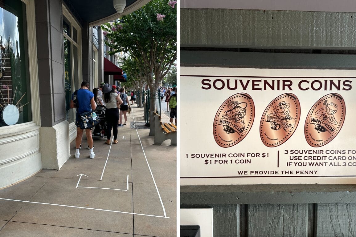 Left: People wait in an extended queue; Right: Sign for a pressed penny machine with three MuppetVision 3D coin designs.