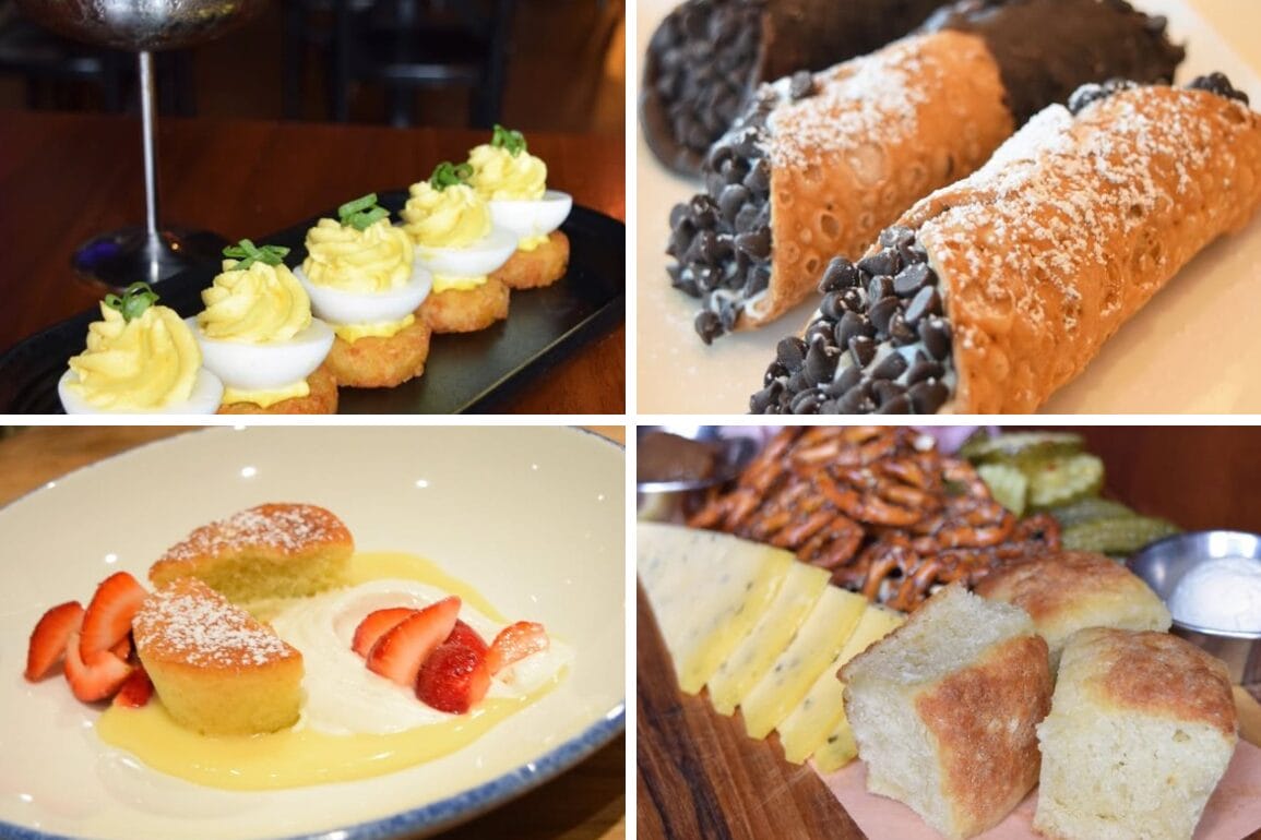 A collage of The Edison’s new menu items: deviled eggs, cannoli, strawberry shortcake, and a cheese and bread board.