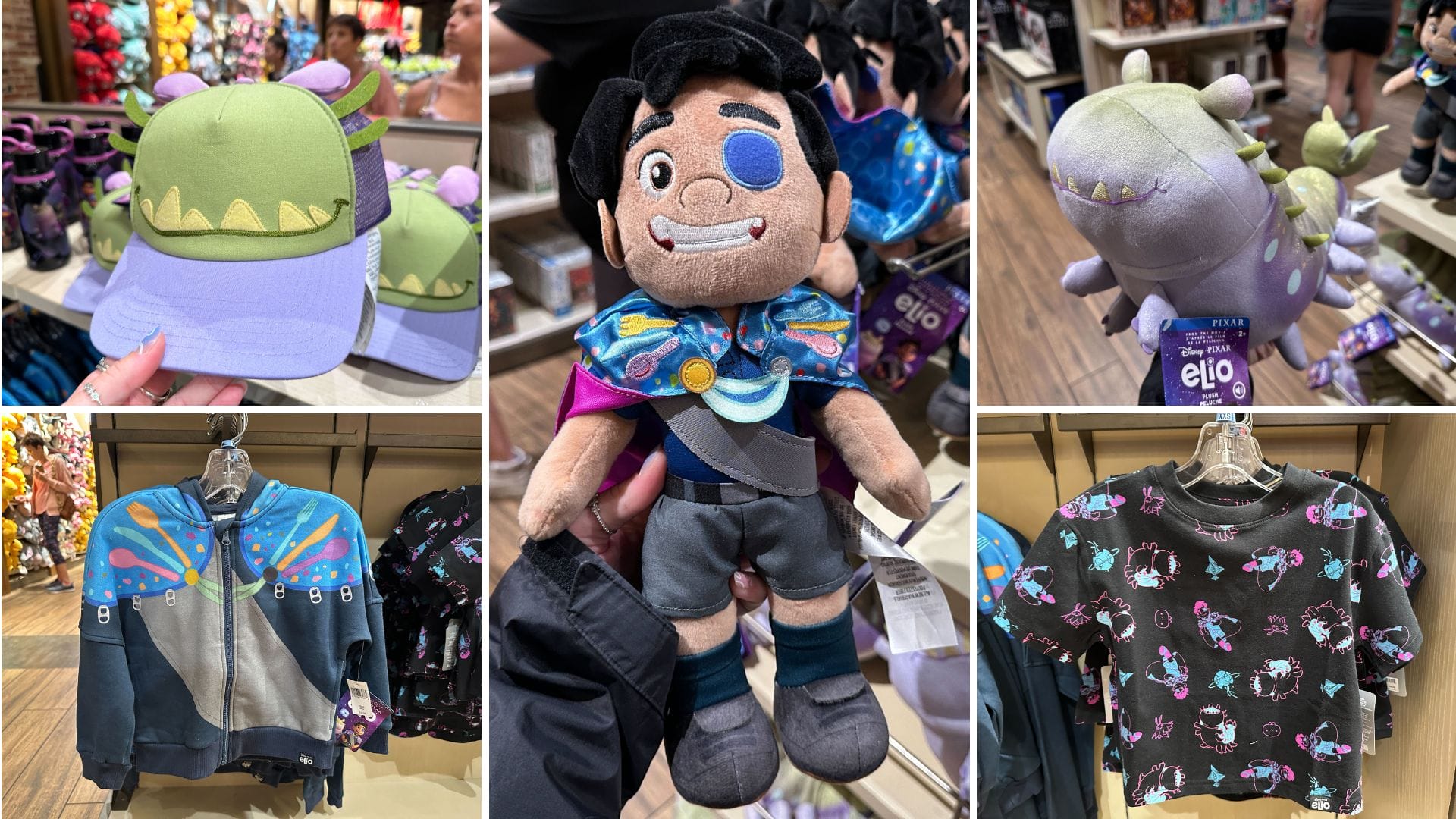A collage of Elio merchandise: hats, a plush character, a plush dragon, a hoodie, and a graphic t-shirt.