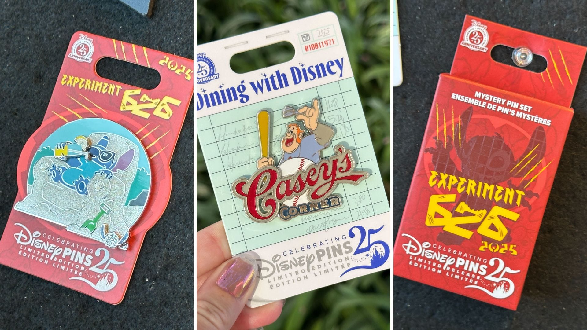 Three Disney collectible pins: Stitch in a dome, Casey’s Corner with a baseball bat, and Experiment 626 2023 mystery pin.