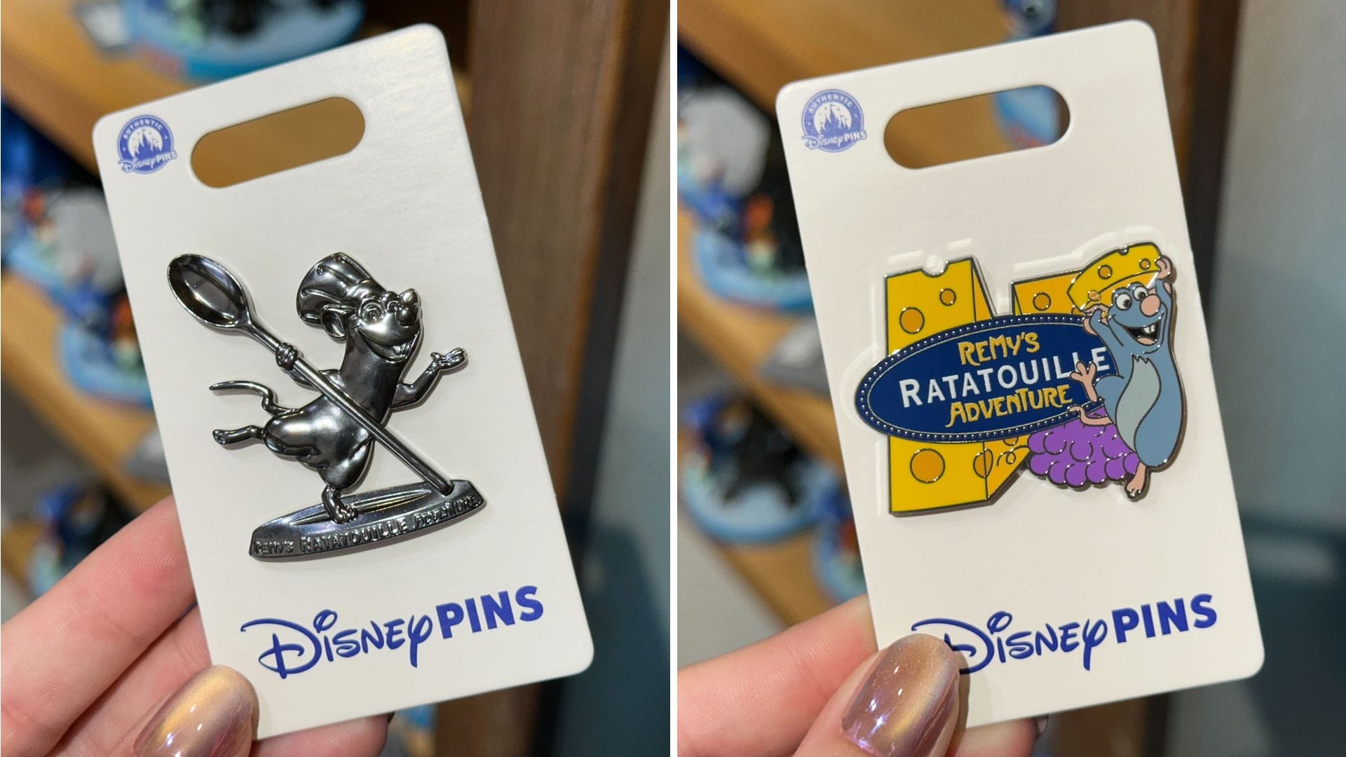 Two pins: Remy with a spoon and Remy with cheese, both from Walt Disney World's Remy's Ratatouille Adventure.