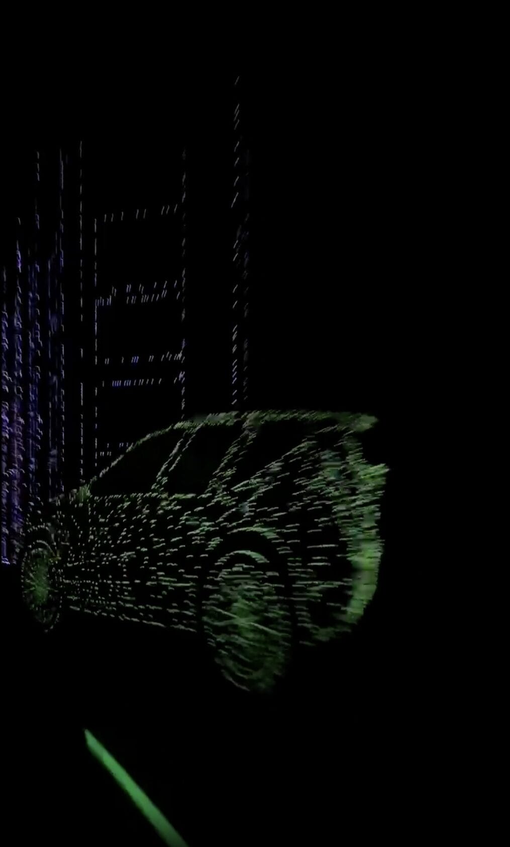 Green outline of a digital car made of dots, hinting at test track reopening, with city buildings in the background.