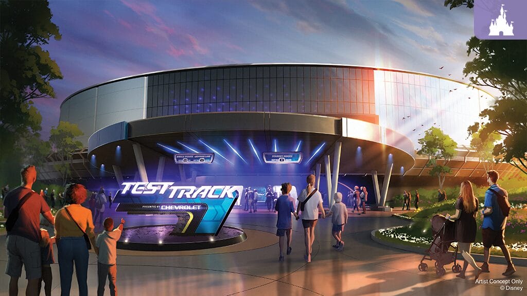 People walk toward a futuristic building with a "Test Track" sign, hinting at the upcoming Test Track reopening. Test Track reopening date announced for Test Track reopening at EPCOT