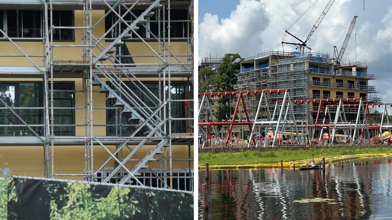 Split image shows Lakeshore Lodge Construction: scaffolding up close, A-Frame structures and windows added by the water.
