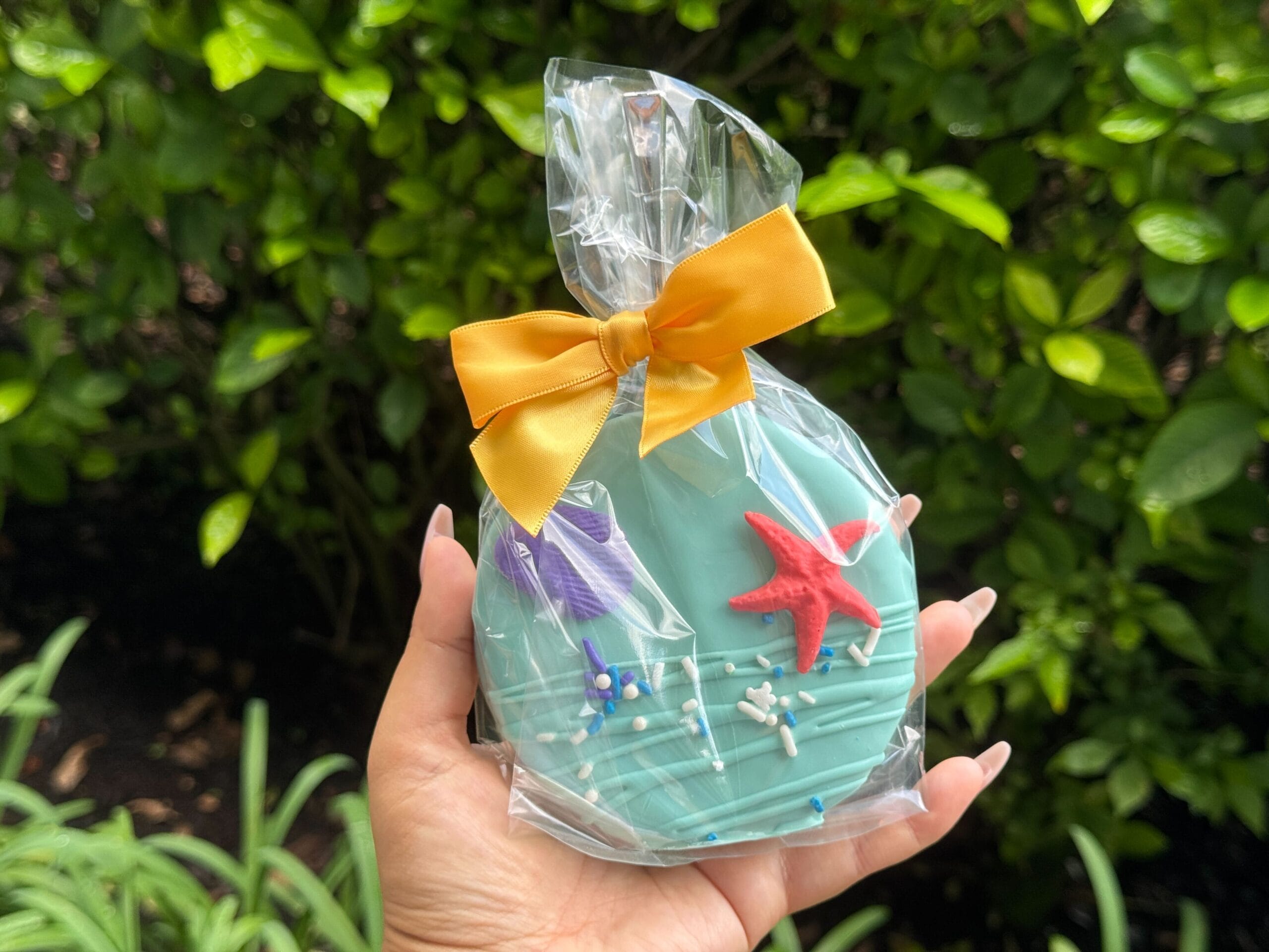 A hand holds a Little Mermaid Cookie Pie, wrapped in plastic with a yellow bow, in front of green foliage.