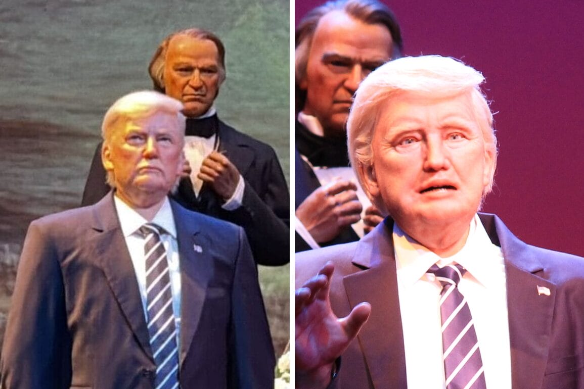 Two wax figures of men in suits with serious expressions, like you'd see at the Hall of Presidents or beside Trump.