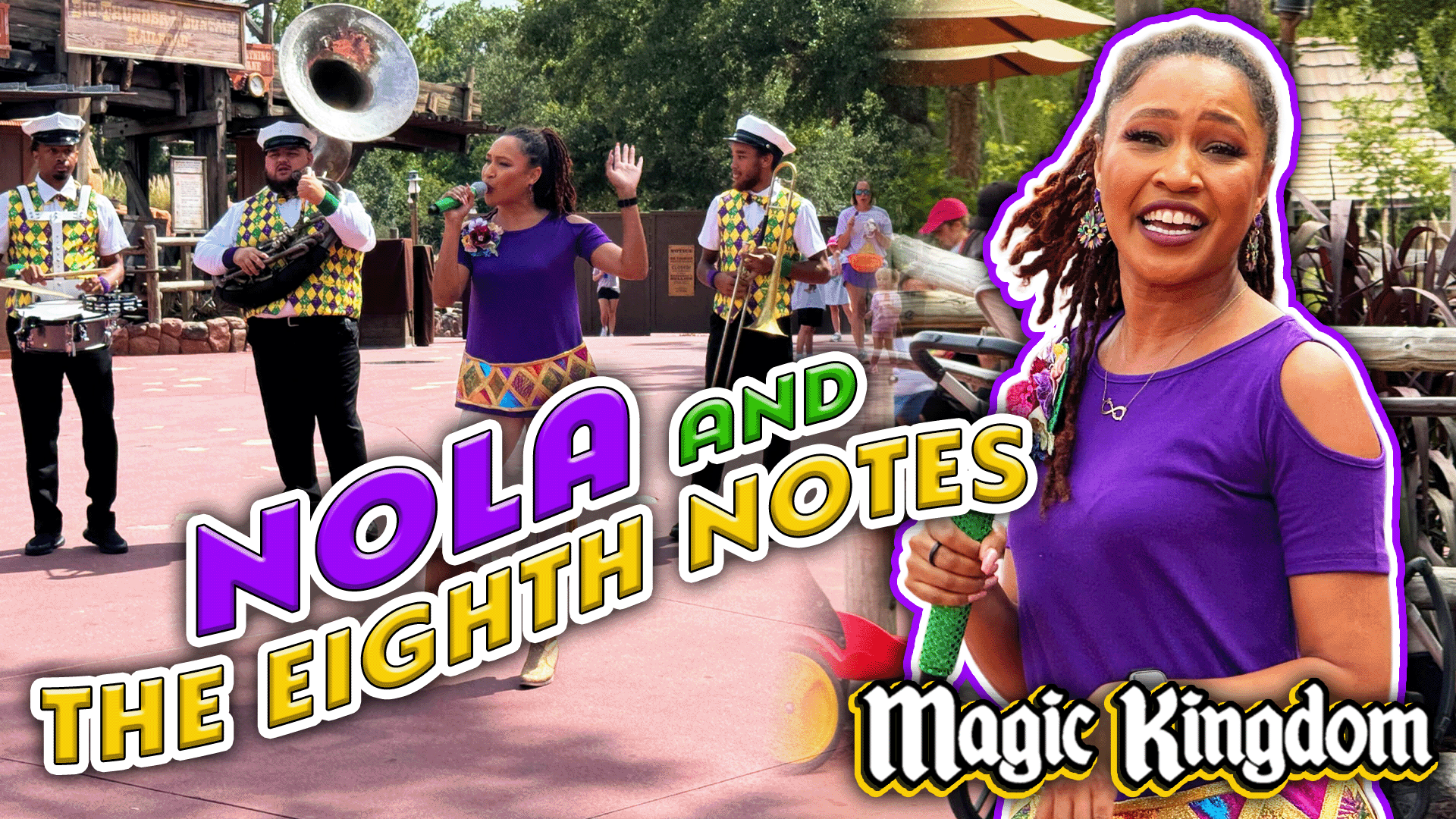 A woman sings into a mic as Nola and the Eighth Notes, a New Orleans band, plays beside her. Text reads "Magic Kingdom.