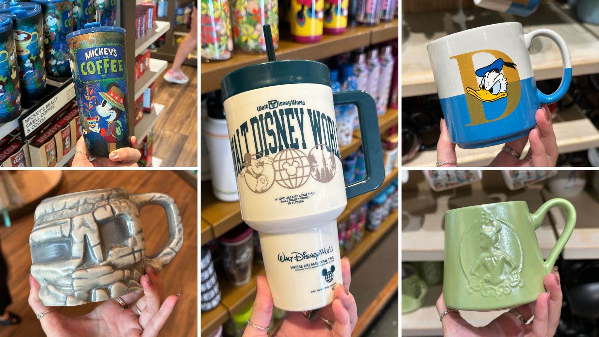 Collage of five colorful Walt Disney World mugs, each with different characters and designs, held in hand.