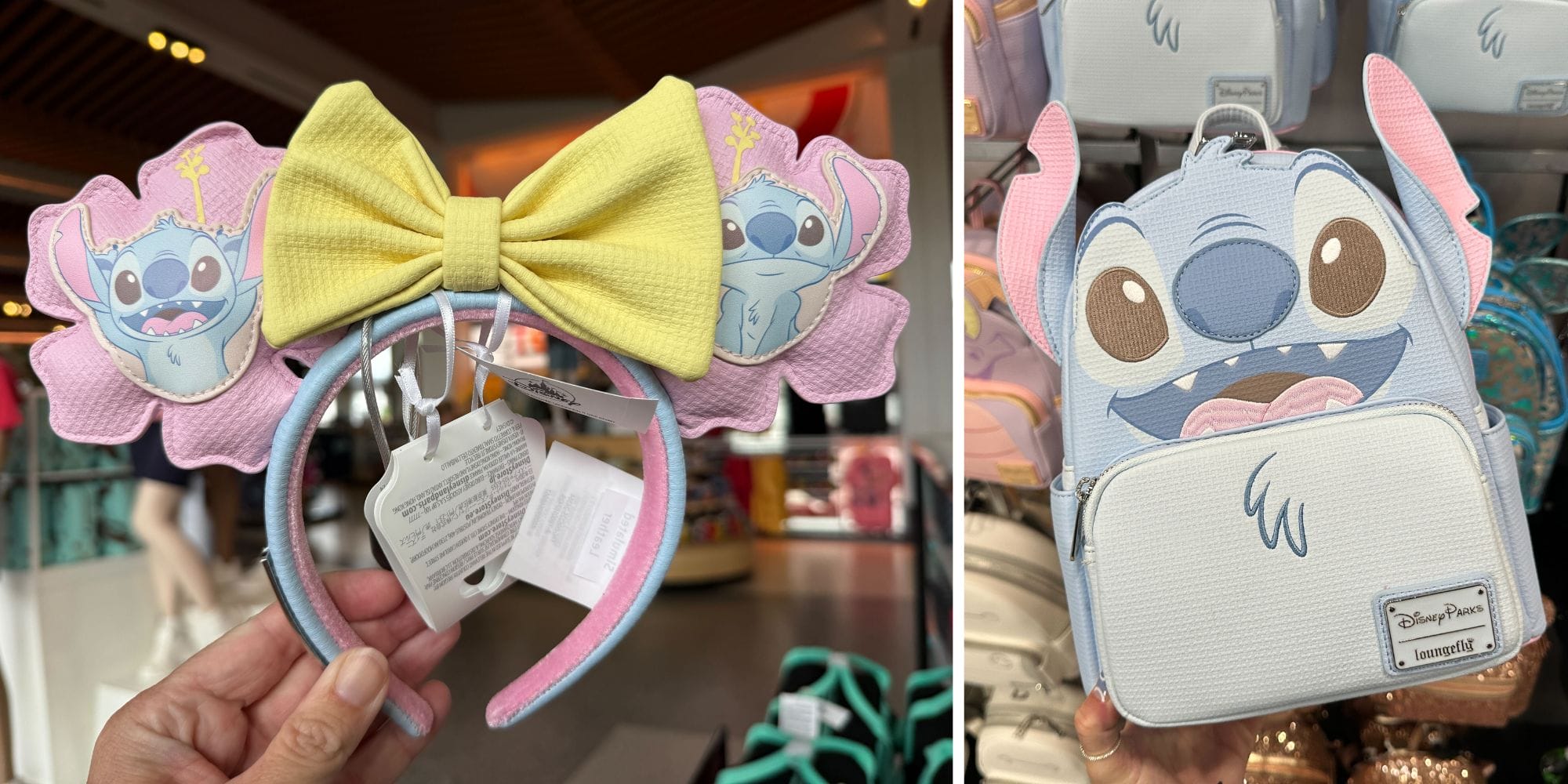 Disney Stitch-themed Ear Headband with yellow bow and Pastel Stitch Loungefly Backpack on store display.