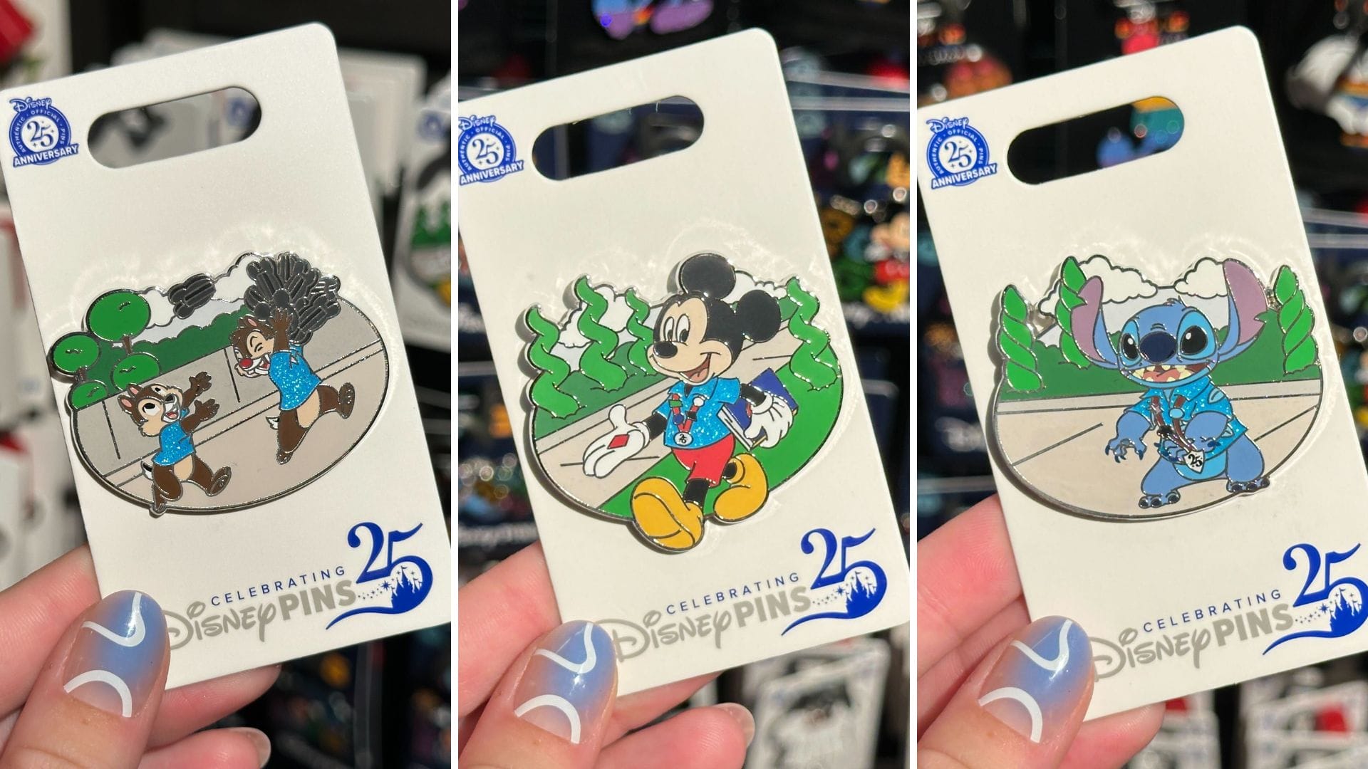 Three Disney Pin Trading pins feature Chip & Dale, Mickey Mouse, and Stitch in blue outfits for Disney's 25th anniversary.