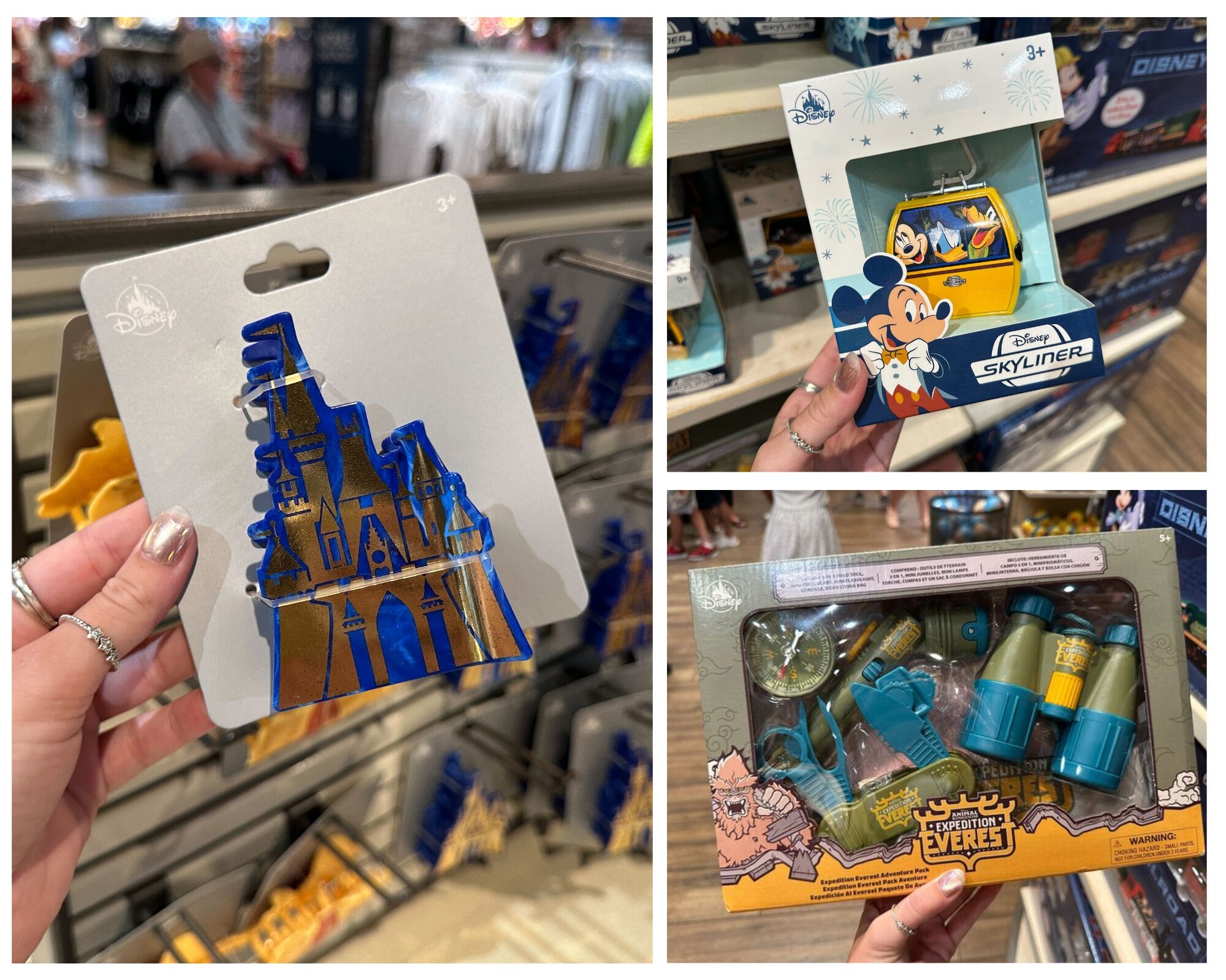Collage of Walt Disney World souvenirs: castle ornament, Skyliner toy with Mickey, and Animal Kingdom exploration kit.