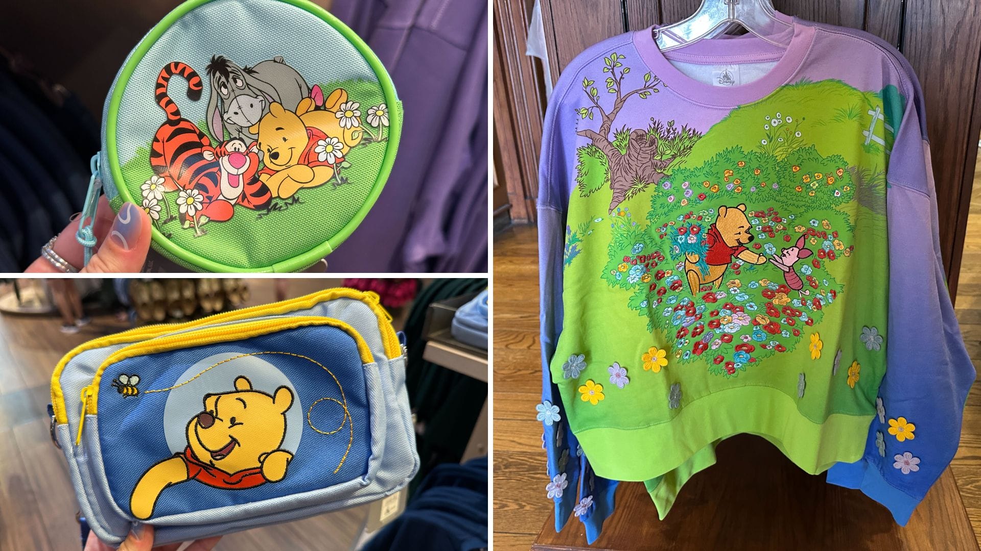 Three items featuring Winnie the Pooh: a green pouch, a blue bag, and a colorful sweatshirt with Pooh in a flower field.