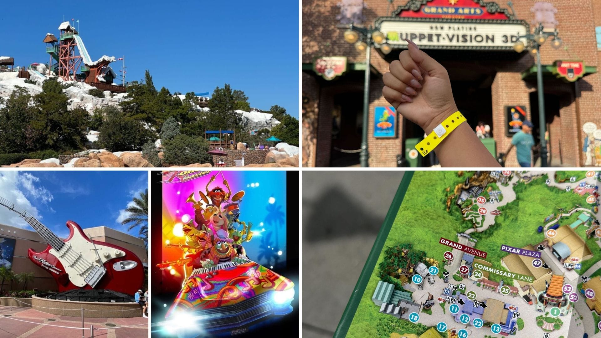 A daily recap collage of Disney World attractions, a hand with a yellow wristband, and a close-up of a park map.
