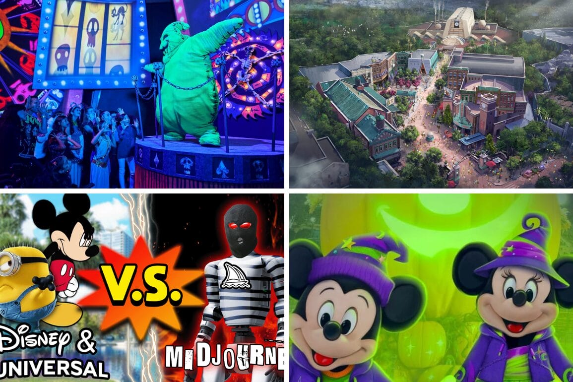 A daily recap collage with Disney and Universal park scenes, Mickey and Minnie in costume, plus a Disney vs. Universal graphic.