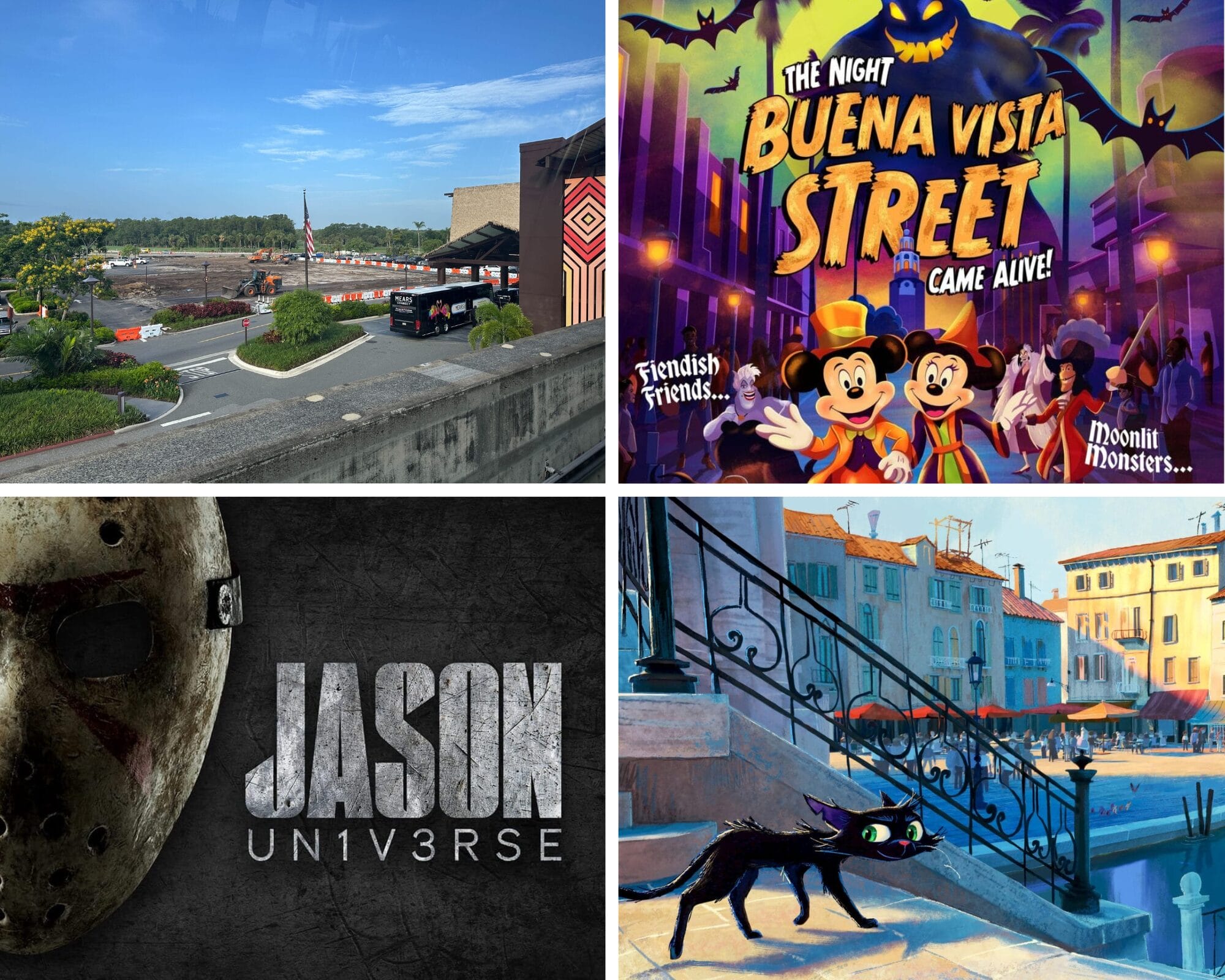 A collage of four images: a construction site, Disney characters, a horror movie mask, and a black cat in a painted street scene.