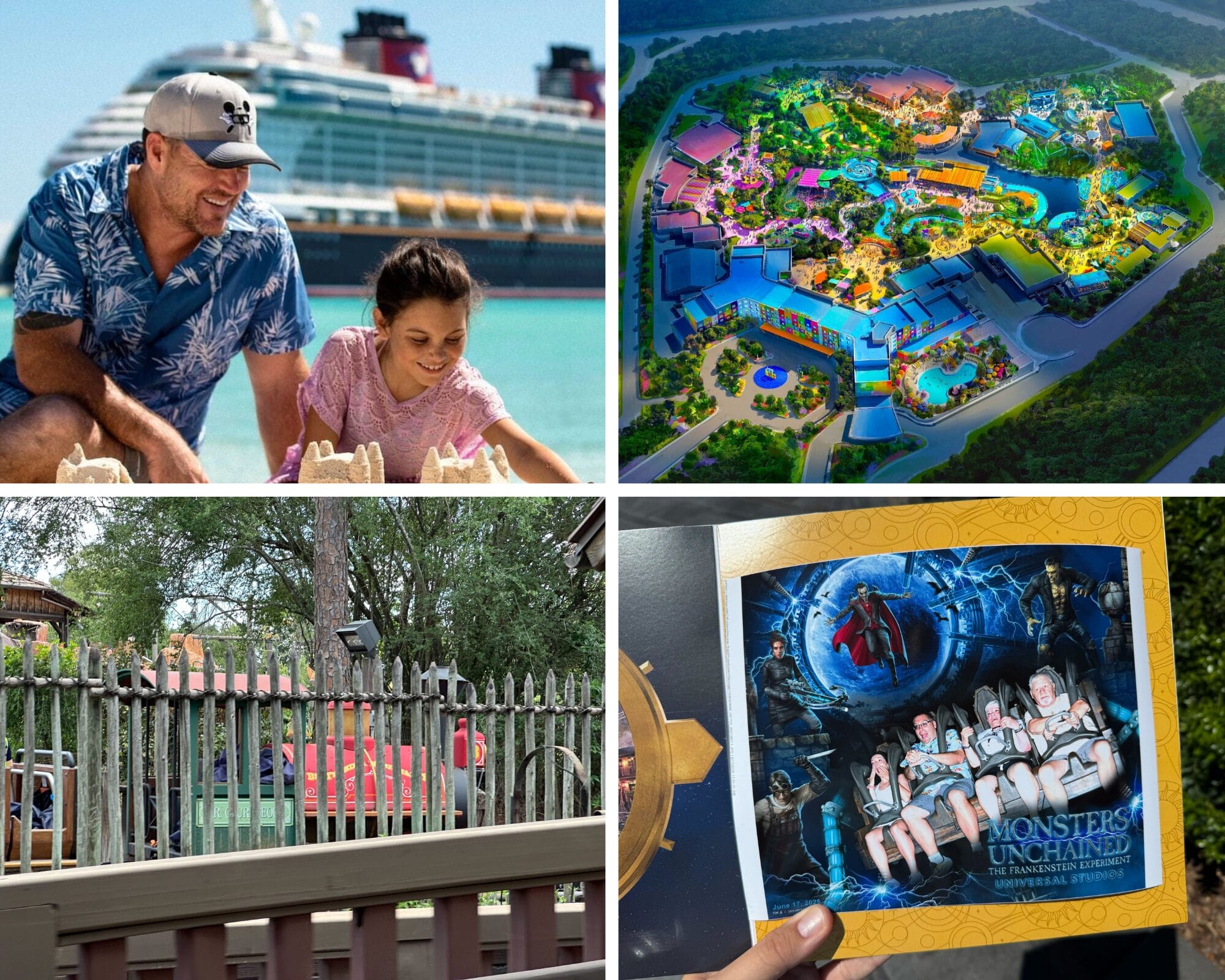 A collage of Disney park scenes: a cruise, a park map, a ride photo, and a view past a wooden fence.