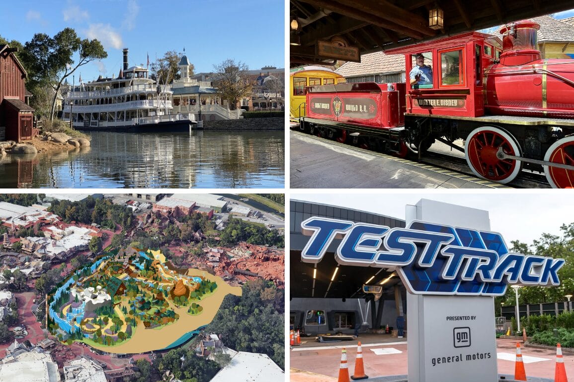 Collage of Disney attractions: riverboat, red train, park map, and Test Track sign offers a daily recap of park highlights.
