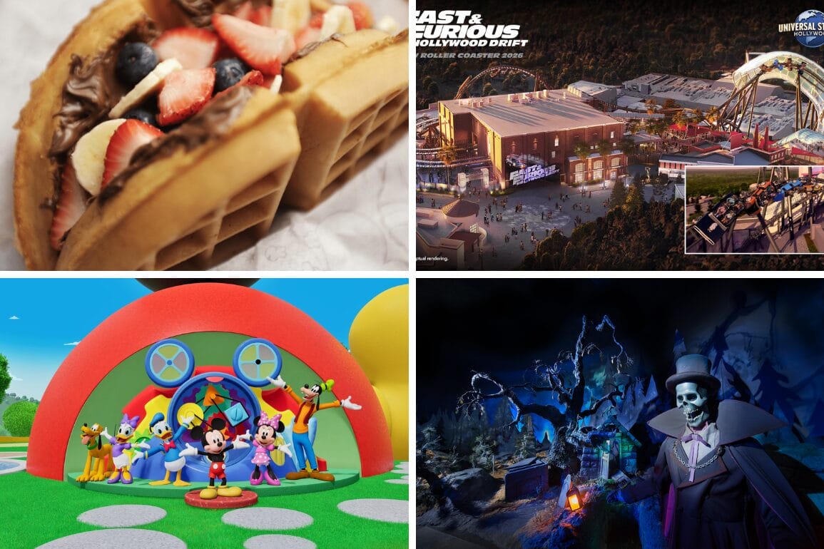A daily recap collage with waffles, berries, Disney characters, a theme park, and a spooky skeleton scene.