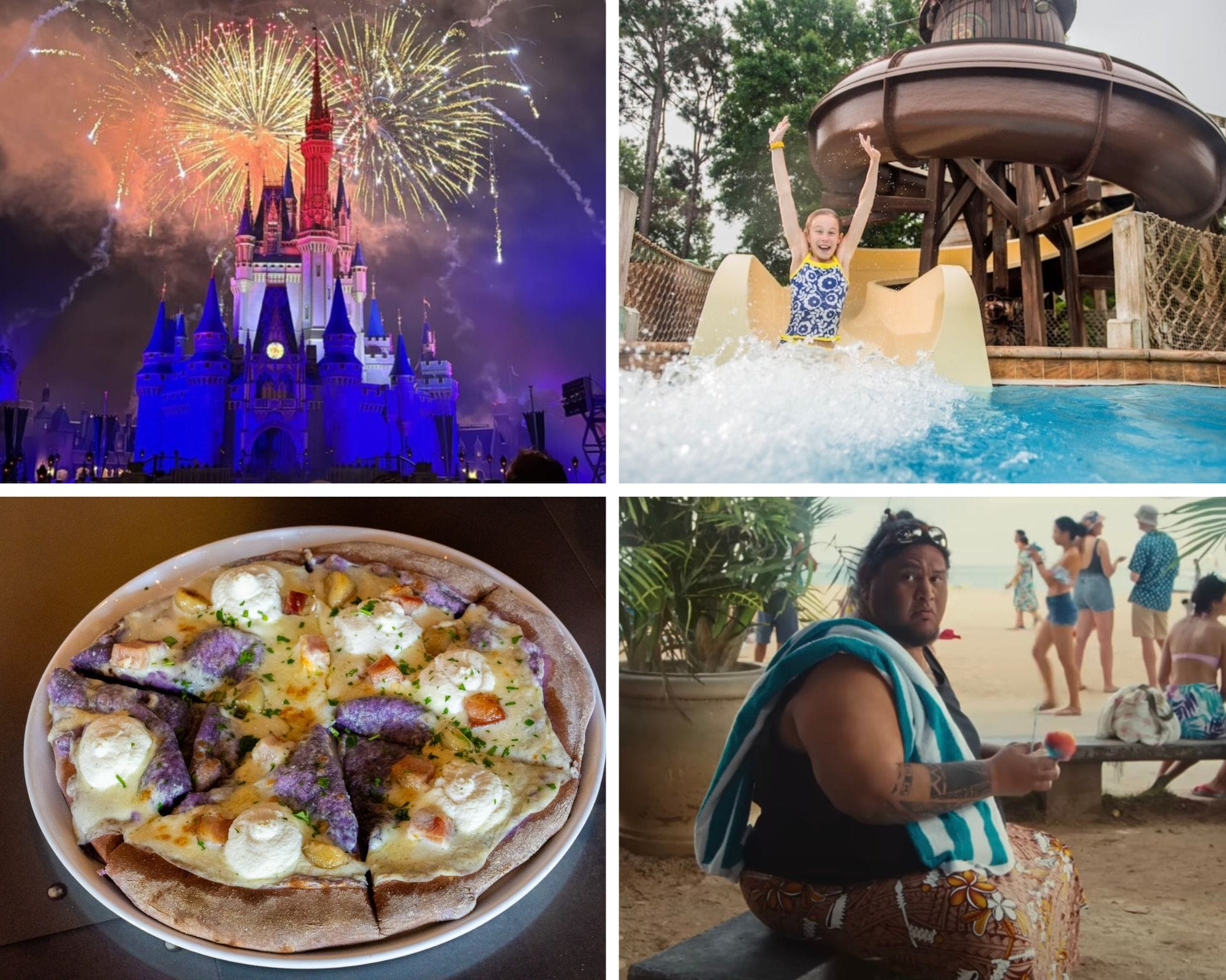 Fireworks over a castle, a child on a water slide, pizza, and Disney's Celebrate America at the beach with a drink.