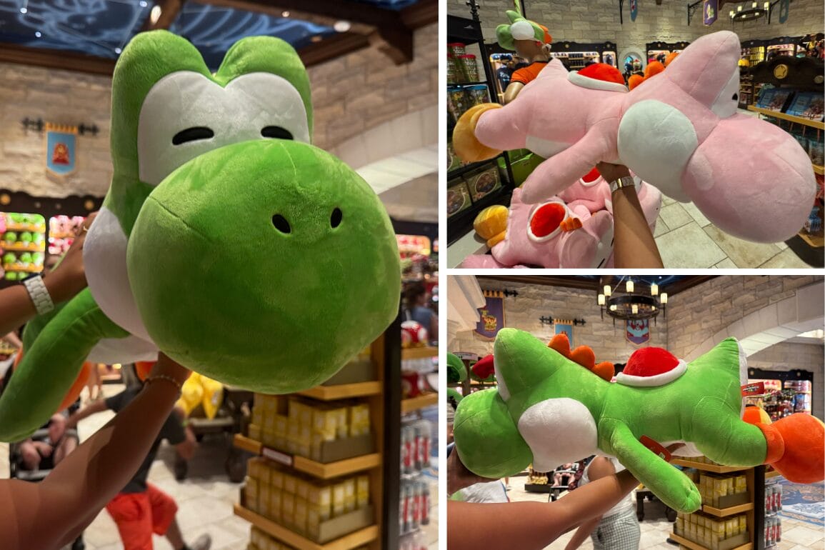 Three Green Yoshi Plush and a Giant Pink Yoshi Plush are held up in a store at Universal Epic Universe.