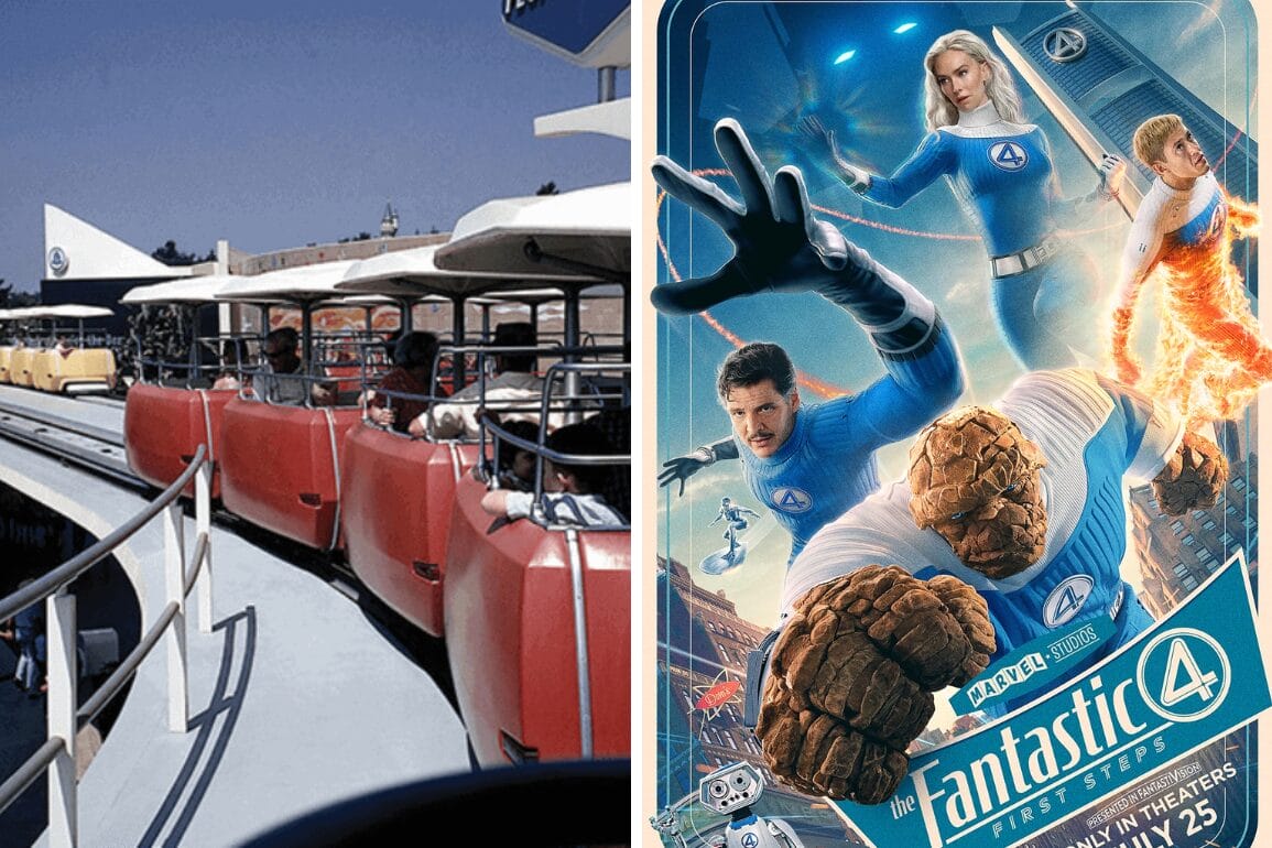 Split image: Left shows people riding Disneyland PeopleMover; right features a Fantastic Four movie poster.