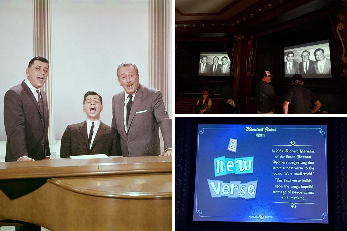 A vintage trio sings at a piano; Main Street Cinema crowds watch "A New Verse"—a Sherman Brothers Tribute.