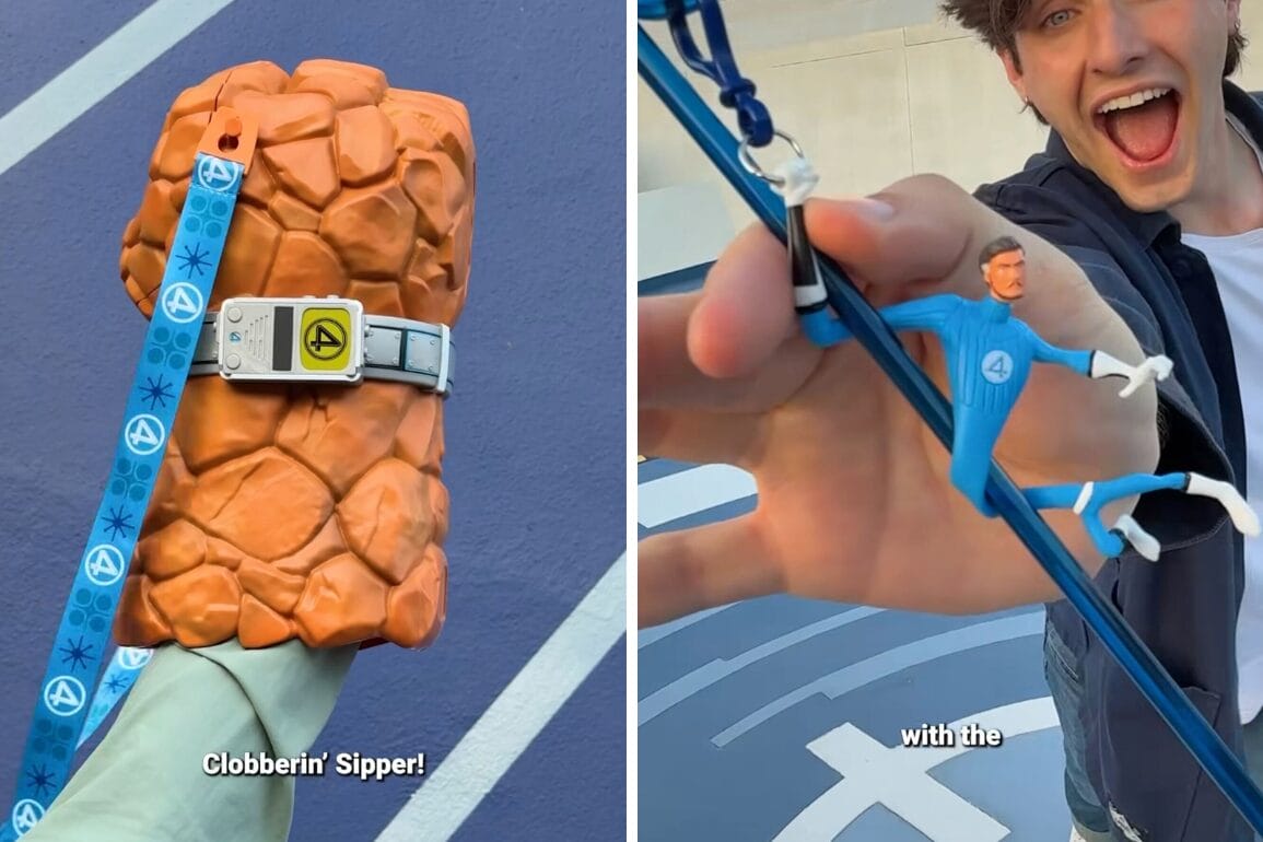 A hand holds a Thing Sipper cup; another grips a Mister Fantastic Straw Clip at Disneyland Resort.