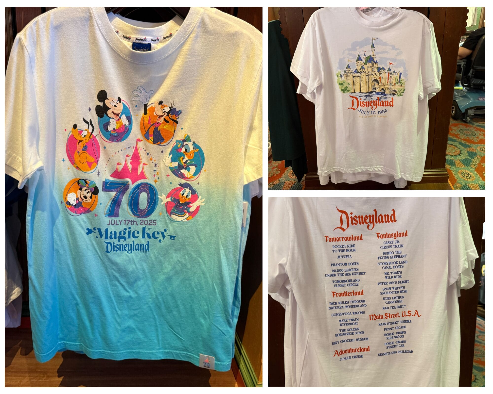 Collage of Disneyland 70th Anniversary T-Shirts featuring characters, Sleeping Beauty Castle, and themed land lists.