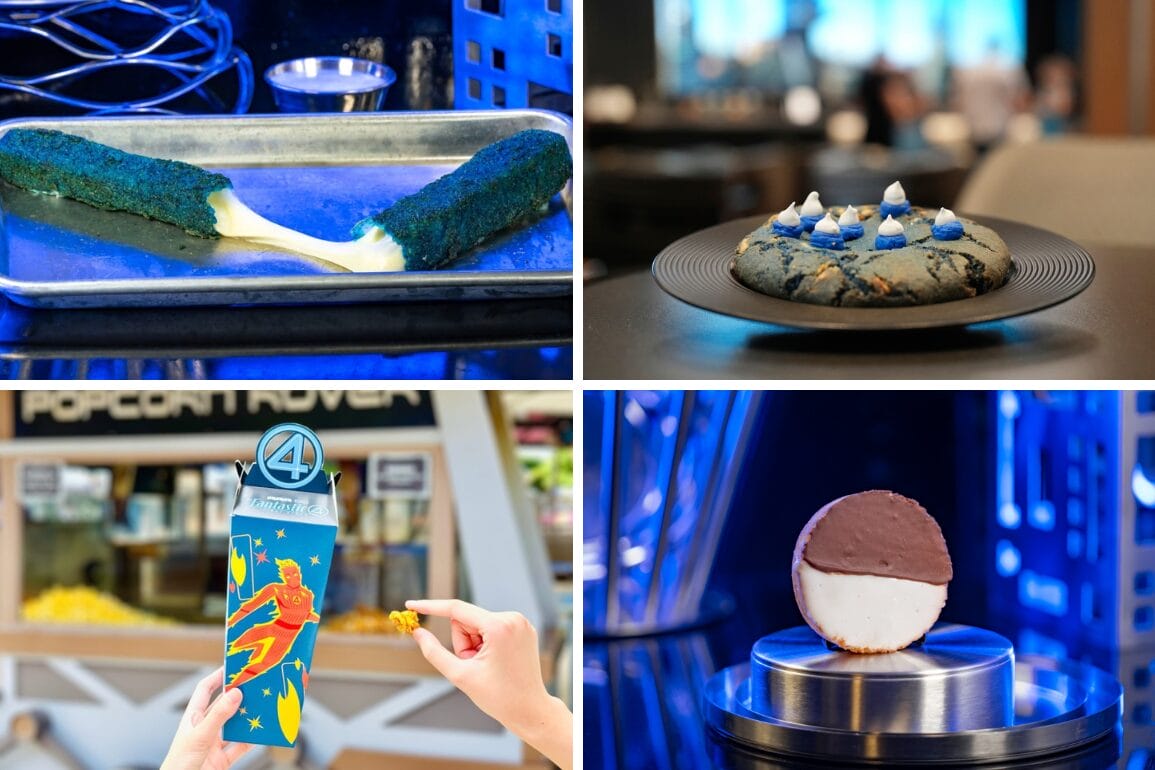A collage of food and beverages inspired by The Fantastic Four: First Steps, including a blue mozzarella stick, a blue cookie, a popcorn box, and a black and white cookie.