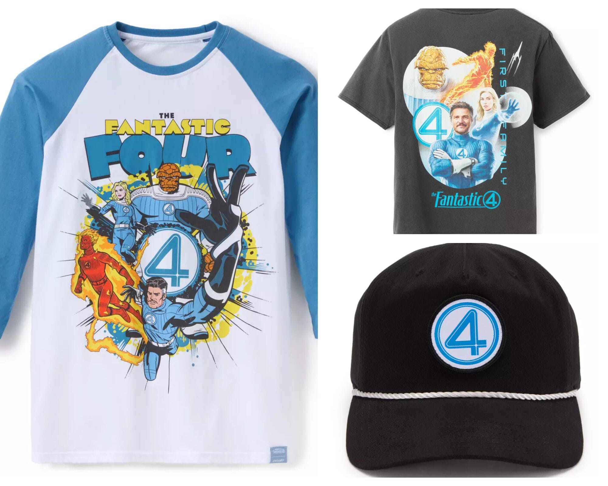 Fantastic Four merchandise: T-shirt and black cap with blue "4" logo, superhero art, and Cakeworthy designs.