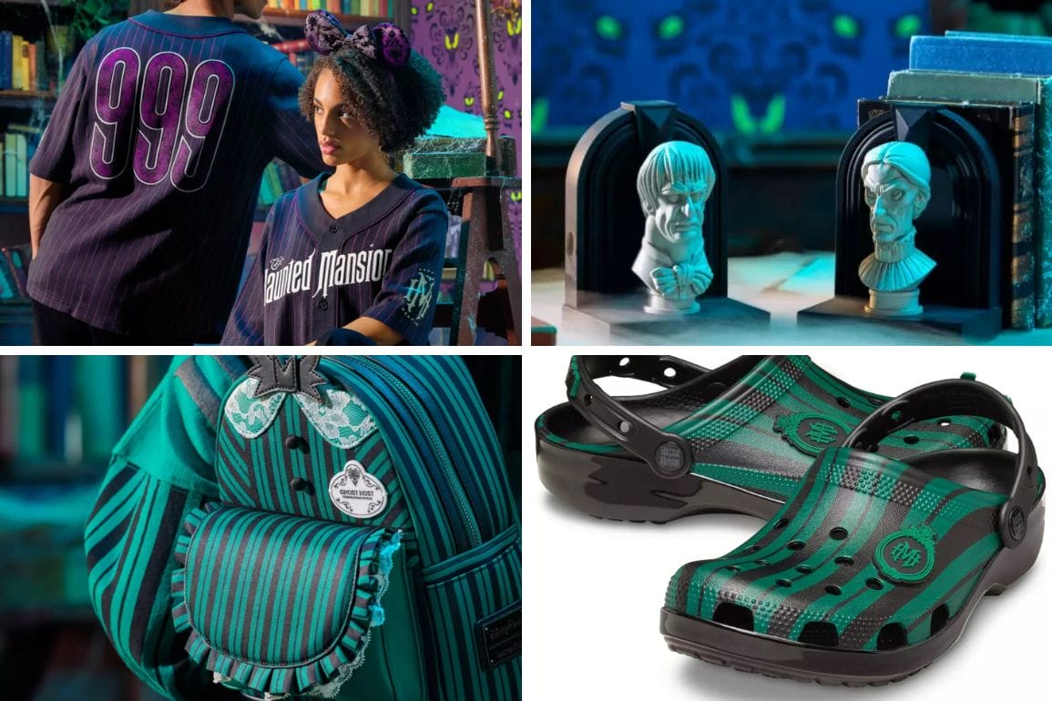 Collage of Disney Store Haunted Mansion Collection: jersey, bust bookends, striped pin bag, and green plaid Crocs.