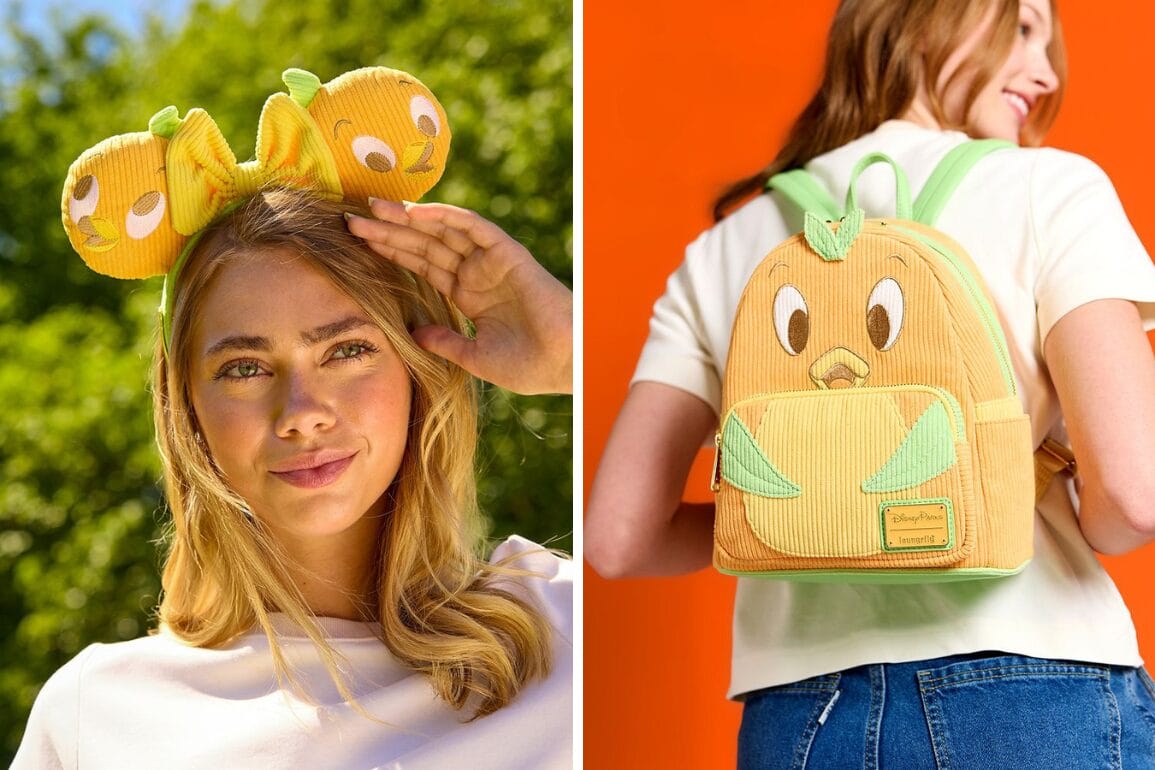 A woman wears an Orange Bird ear headband; another displays a Loungefly Pastel Orange Bird Mini Backpack on her back