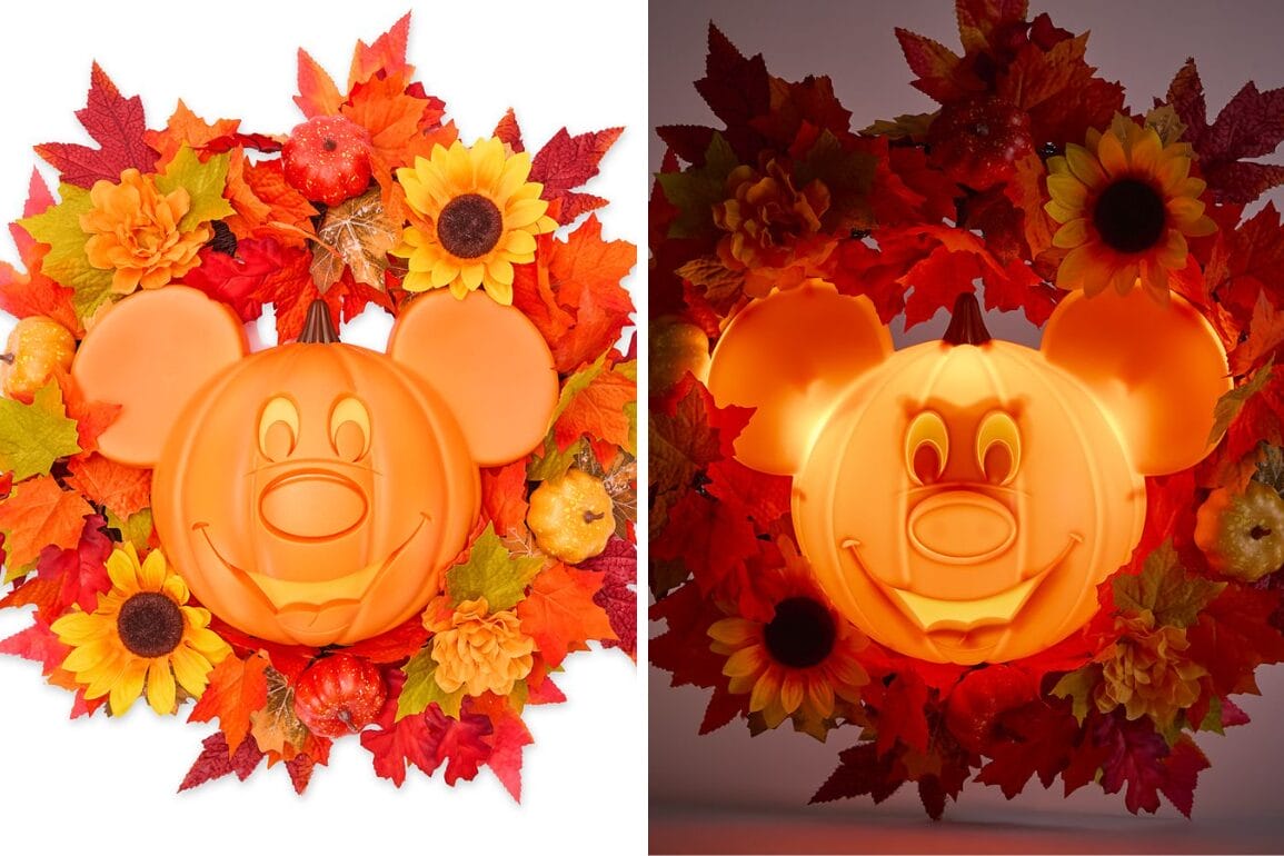 A Light-Up Wreath from the Disney Store featuring a Mickey Mouse pumpkin with autumn leaves and sunflowers.