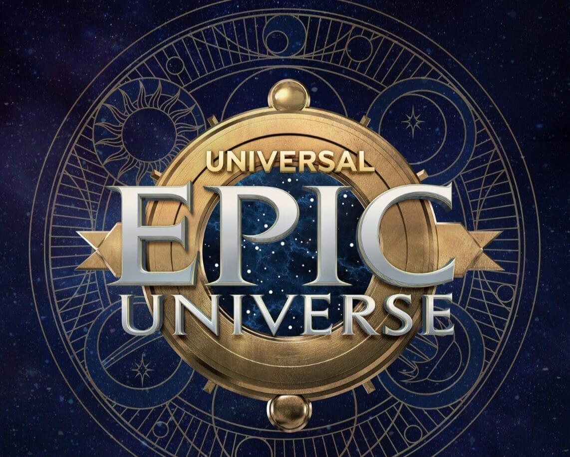 Universal Epic Universe logo with a gold and silver design shines over Celestial Park against a starry, celestial background.