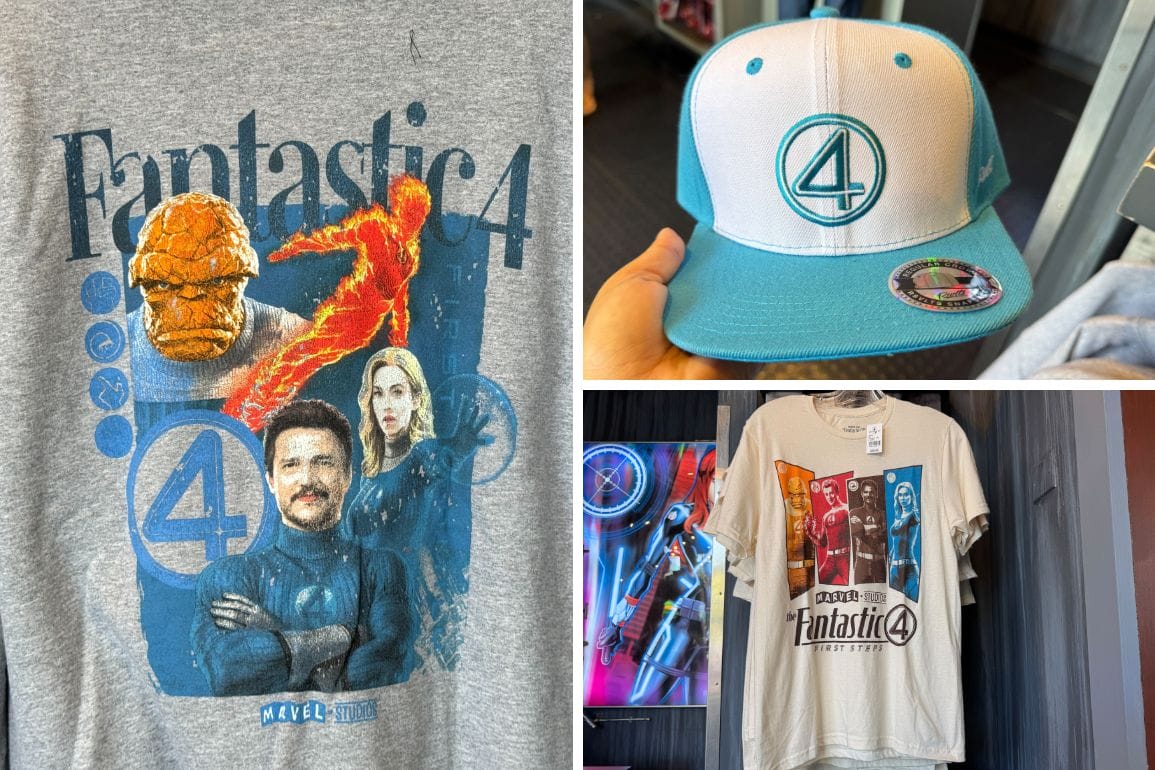 Collage of Fantastic Four Merchandise from Marvel Super Hero Island, featuring two T-shirts and a logo baseball cap.
