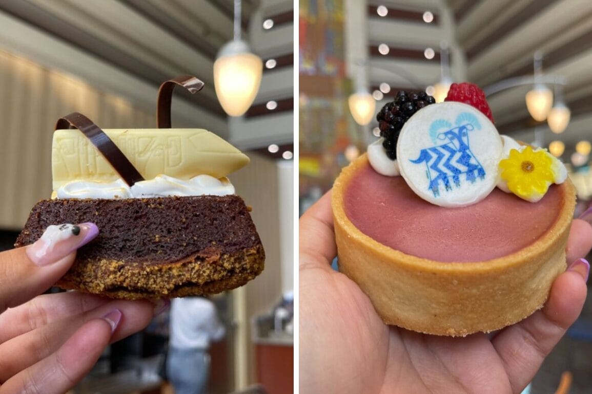 Two hands hold Contempo Cafe desserts: a chocolate brownie with white chocolate and a berry tart with decorative toppings.