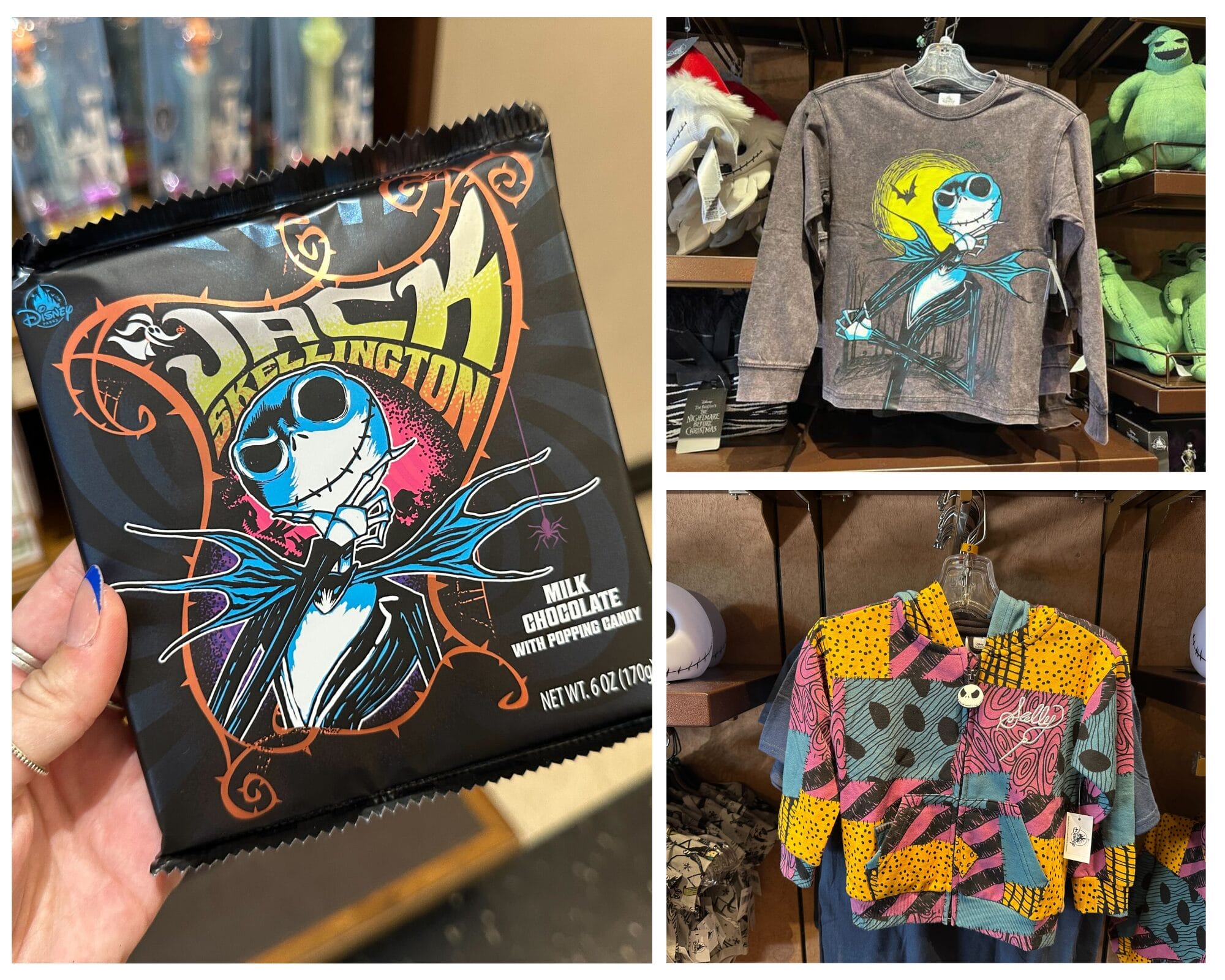 Collage of Nightmare Before Christmas Candy and clothing, featuring a Jack Skellington chocolate bar, sweatshirt, and patchwork jacket.